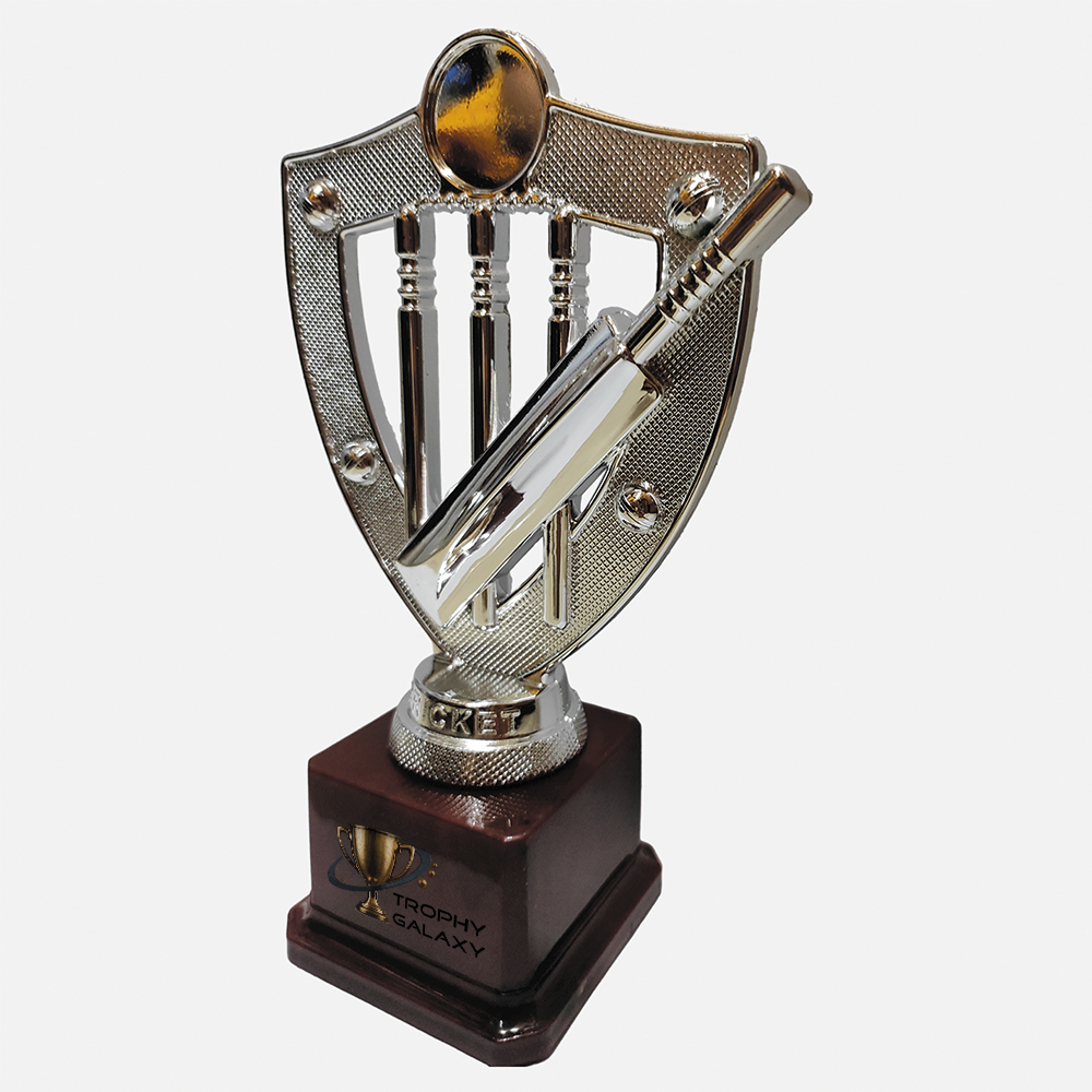 Trophy Galaxy 8.5 Inch Golden Fiber Cricket Trophy with Bat, Ball & Stumps on Fiber Base – Premium Sports Award for Cricket Tournaments, Matches & Events