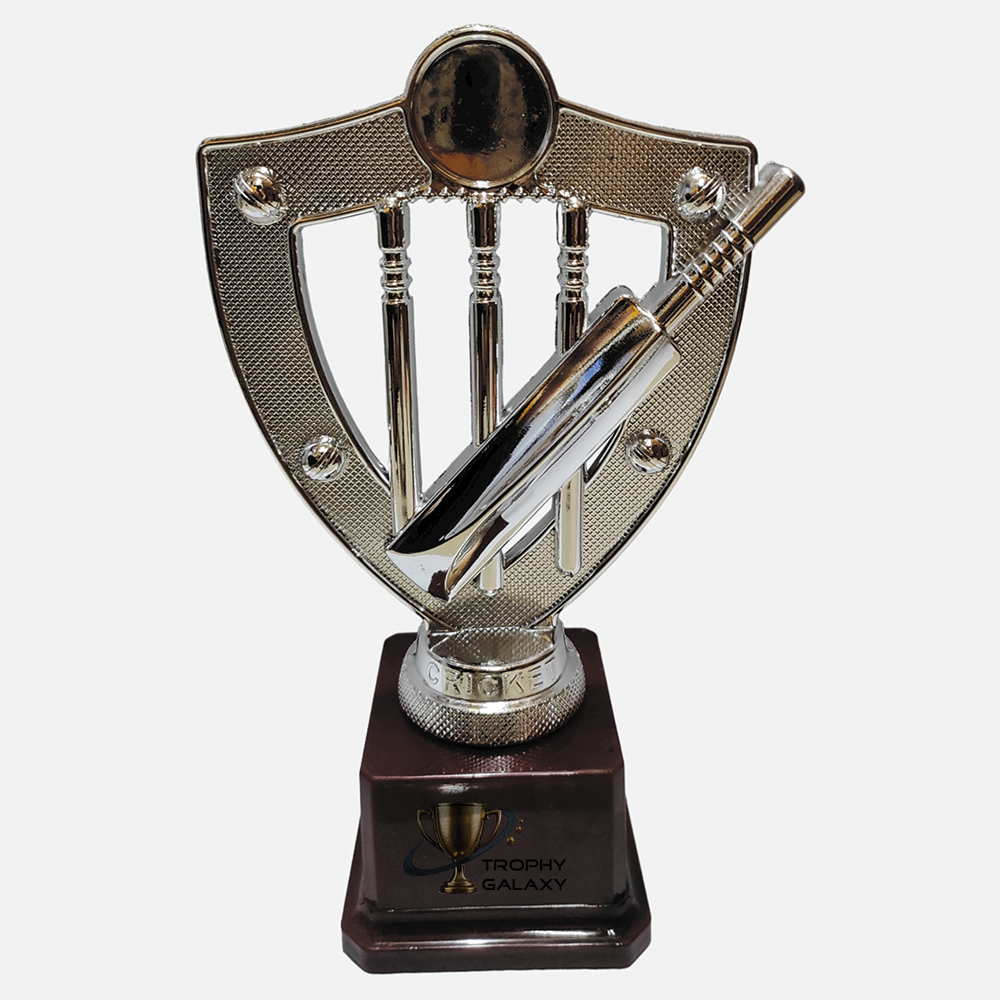 Trophy Galaxy 8.5 Inch Golden Fiber Cricket Trophy with Bat, Ball & Stumps on Fiber Base – Premium Sports Award for Cricket Tournaments, Matches & Events
