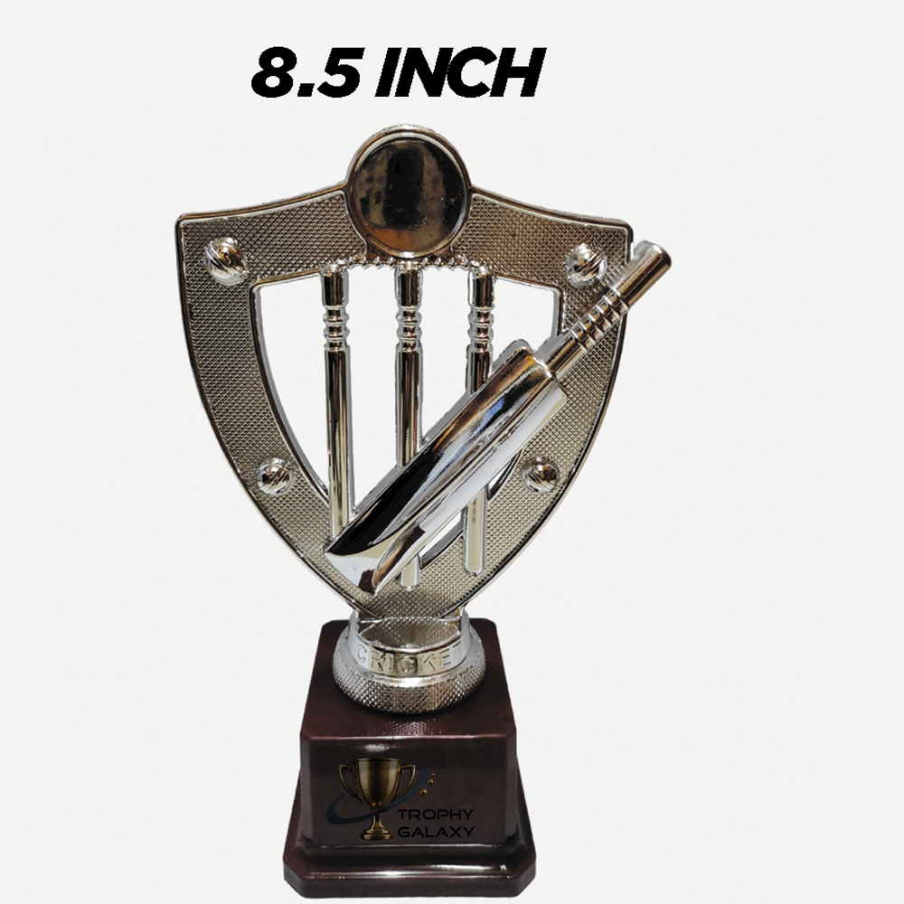 Trophy Galaxy 8.5 Inch Golden Fiber Cricket Trophy with Bat, Ball & Stumps on Fiber Base – Premium Sports Award for Cricket Tournaments, Matches & Events