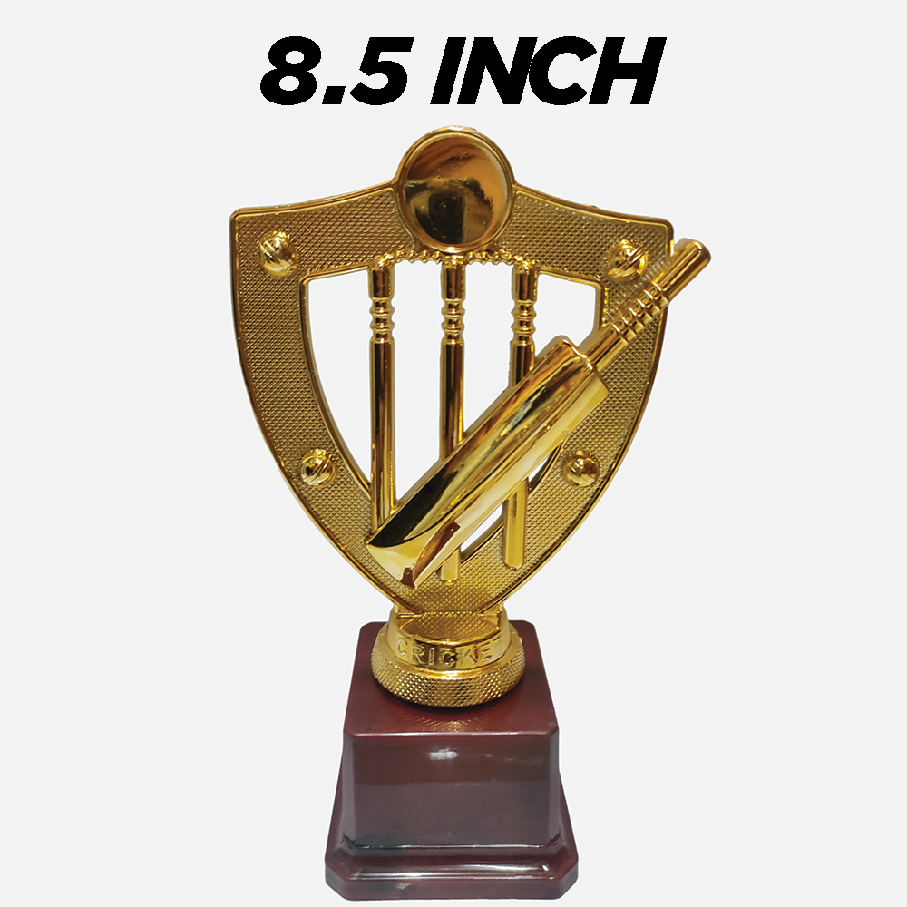 Trophy Galaxy 8.5 Inch Golden Fiber Cricket Trophy with Bat, Ball & Stumps on Fiber Base – Premium Sports Award for Cricket Tournaments, Matches & Events